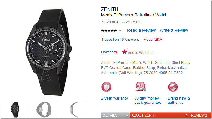 ashford特价表优惠码 Zenith Men's El Primero Retrotimer Watch Model: 75-2030-4055-21-R580