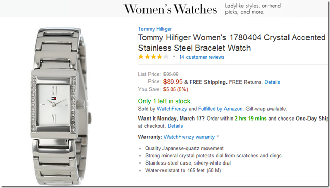 美国亚马逊海淘手表 Tommy Hilfiger Women's 1780404 汤米·希尔费格 女士时尚水晶石英腕表 $89.95