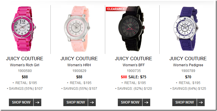 Ashford3月海淘手表优惠 Juicy Couture精美手表特卖 高达70% OFF+额外15% OFF