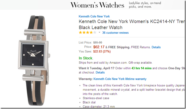 美国亚马逊海淘手表 Kenneth Cole New York KC2414-NY 黑色趋势女士手表 $62.17