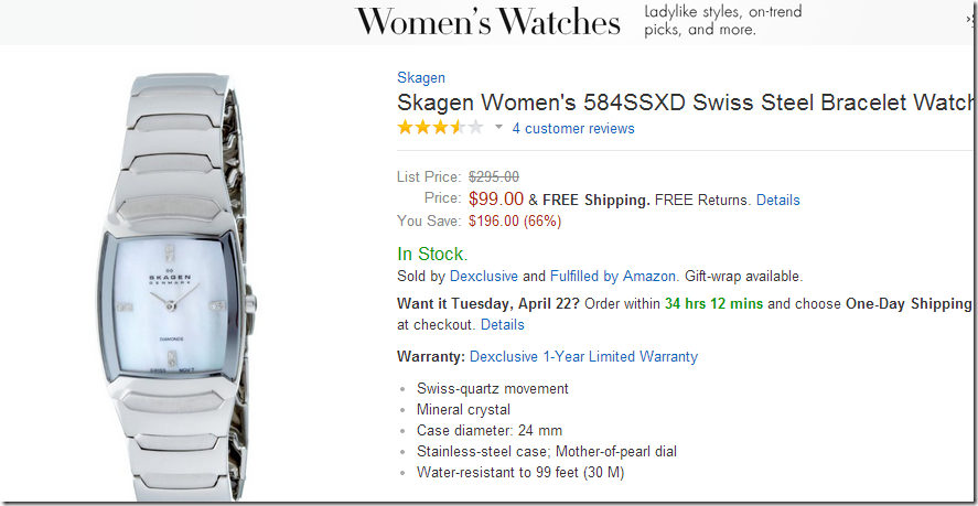 ,美国亚马逊海淘手表 Skagen Women's 584SSXD Swiss Steel Bracelet Watch斯卡恩女士手镯腕表