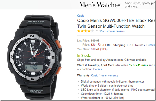 美国亚马逊海淘手表 卡西欧Casio SGW500H-1BV Black Resin 男士双显传感器多功能运动腕表$61.92