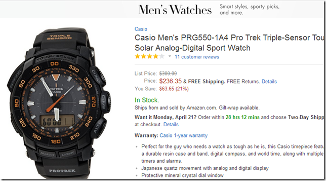 美国亚马逊海淘手表  卡西欧 Casio Men's PRG550-1A4 Pro Trek 男款双显专业太阳能登山表