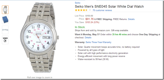 美国亚马逊海淘手表 精工Seiko Men's SNE045 Solar White Dial Watch 太阳能 手表