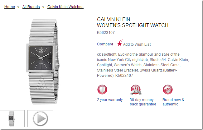 ashford 优惠码 Calvin Klein Women's Spotlight Watch Model: K5623107 仅需$60