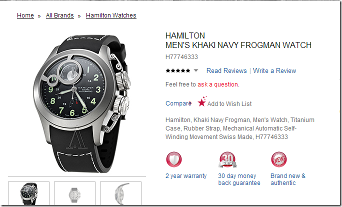 ashford 优惠码 Hamilton Men's Khaki Navy Frogman Watch Model H77746333 仅需$698