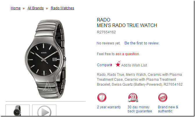 ashford 优惠码 Rado Men's Rado True Watch Model R27654162 仅需$568