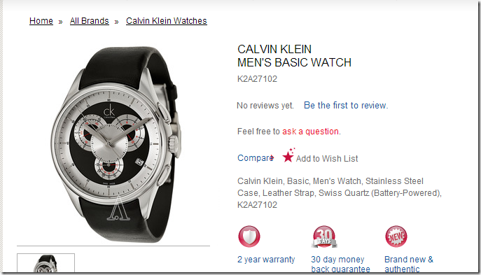 ashford 优惠码 Calvin Klein Men's Basic Watch Model K2A27102 仅需$118