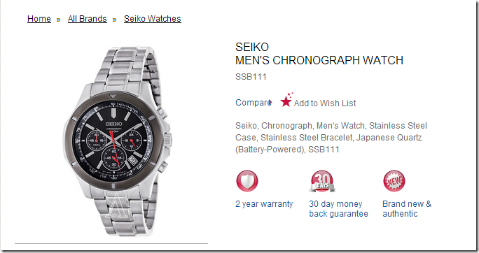 ashford手表优惠推荐 Seiko Men's Chronograph Watch Model: SSB111 零售价 $275 特价仅需$78