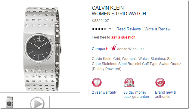 ashford 手表优惠推荐Calvin Klein Women's Grid Watch Model: K8322107 零售 $390  特价仅需$39.99