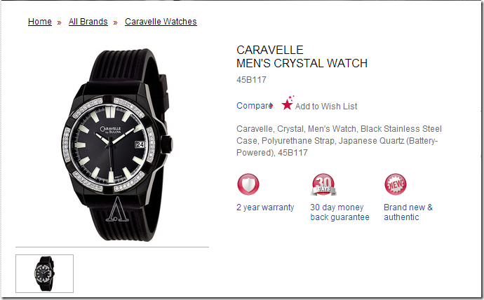 shford 8月优惠码 2014 Caravelle 男士Crystal 表 型号45B117 仅需$29