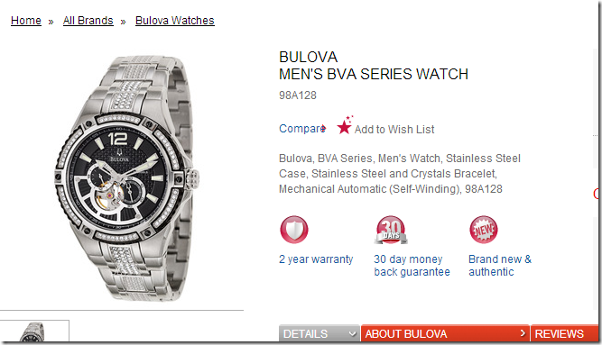 ashford 8月 优惠码 2014 Bulova 男士 BVA Series 表 型号98A128仅需$129