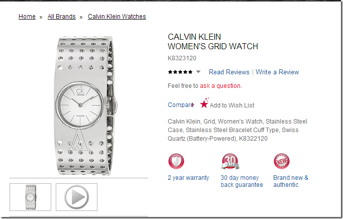 118美元 购买Calvin Klein 女士Grid Watch 表 型号: K8322120  送价值五十美元Calvin Klein 珠宝